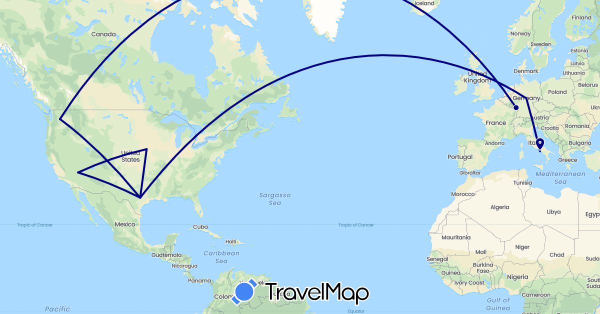 TravelMap itinerary: driving in Germany, Italy, United States (Europe, North America)
